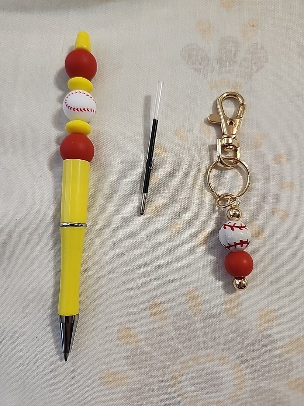 Bead Pin & Small Keychain Combo White Baseball Red Yellow Extra Ink Cartridge
